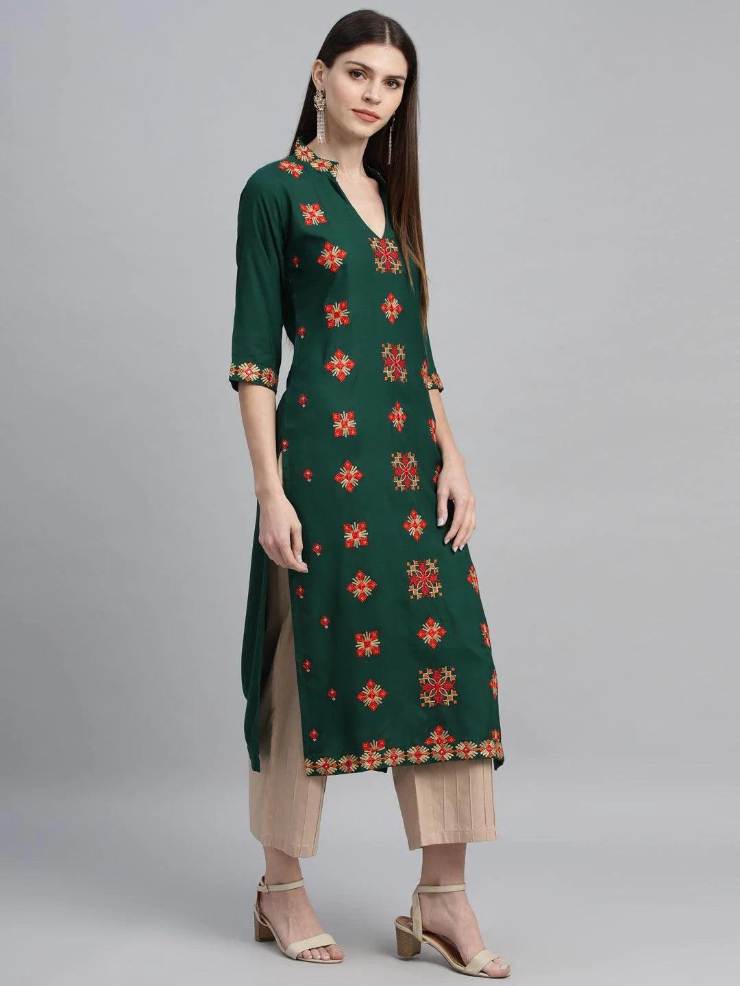 Green Embroidered Rayon Kurta