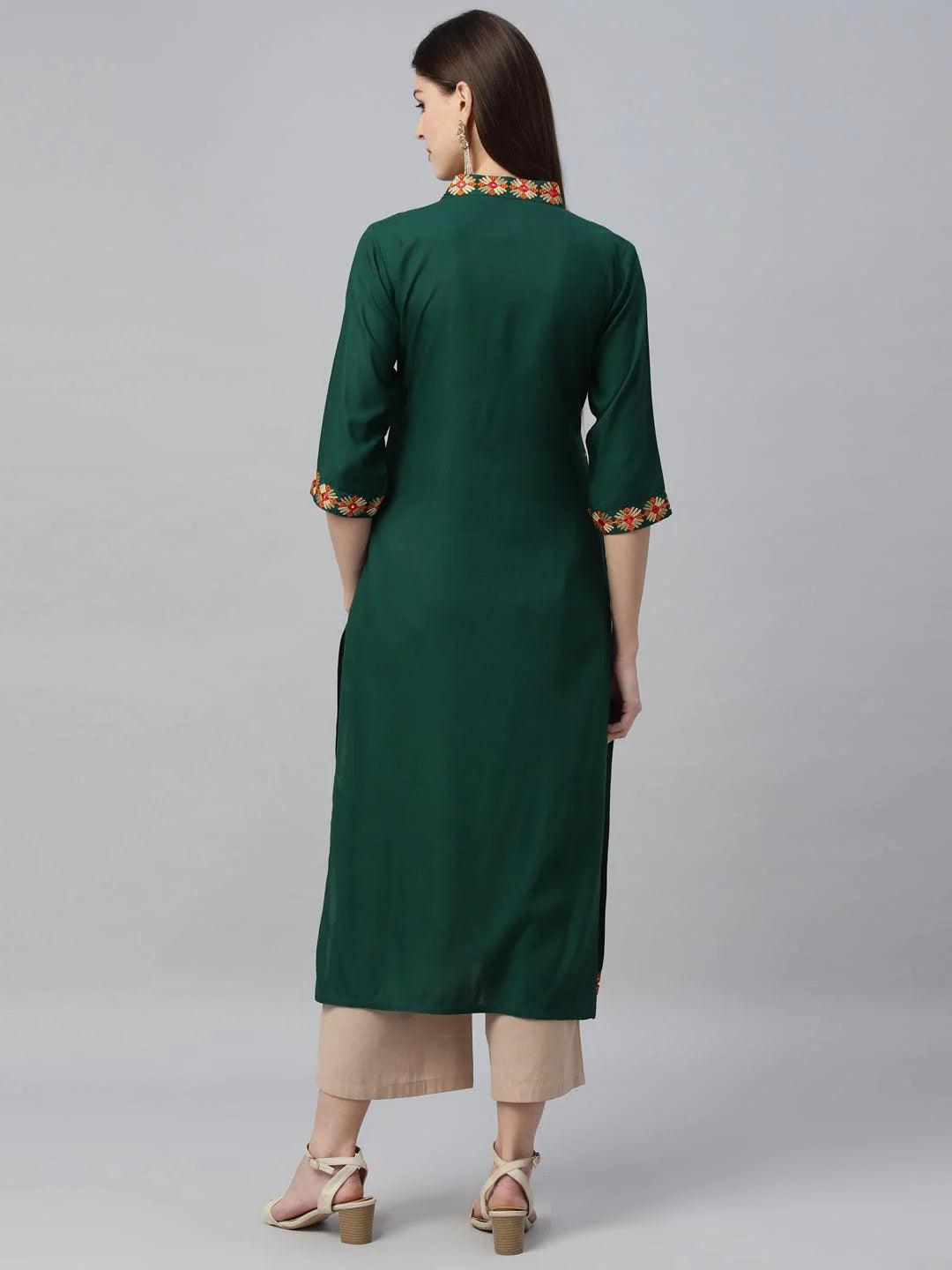 Green Embroidered Rayon Kurta