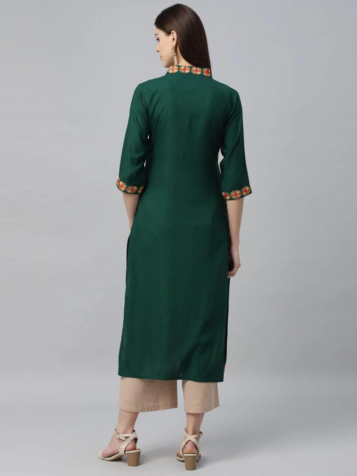 Green Embroidered Rayon Kurta - ShopLibas