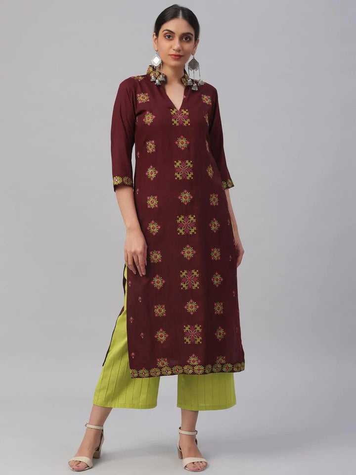 Maroon Embroidered Rayon Kurta - ShopLibas