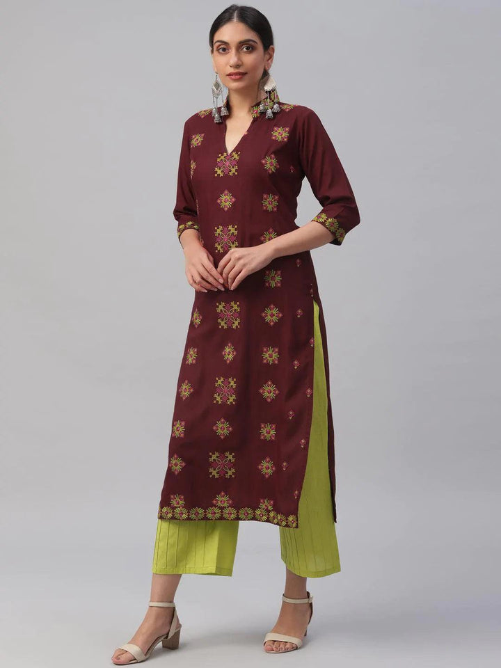 Maroon Embroidered Rayon Kurta - ShopLibas