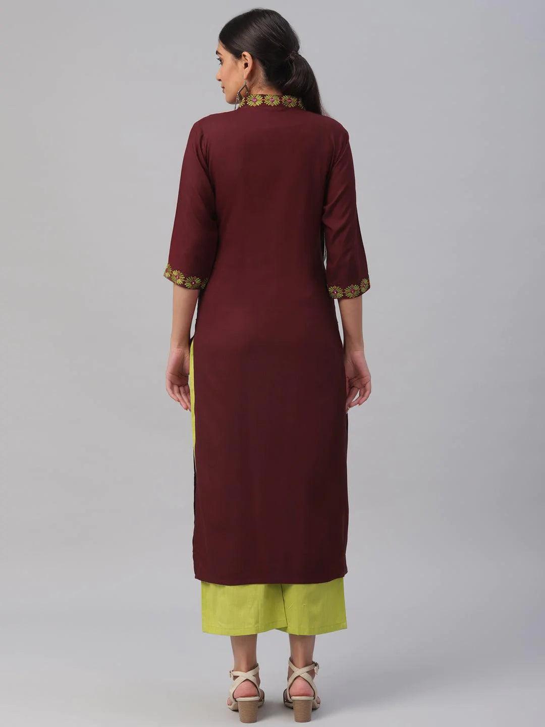 Maroon Embroidered Rayon Kurta - ShopLibas