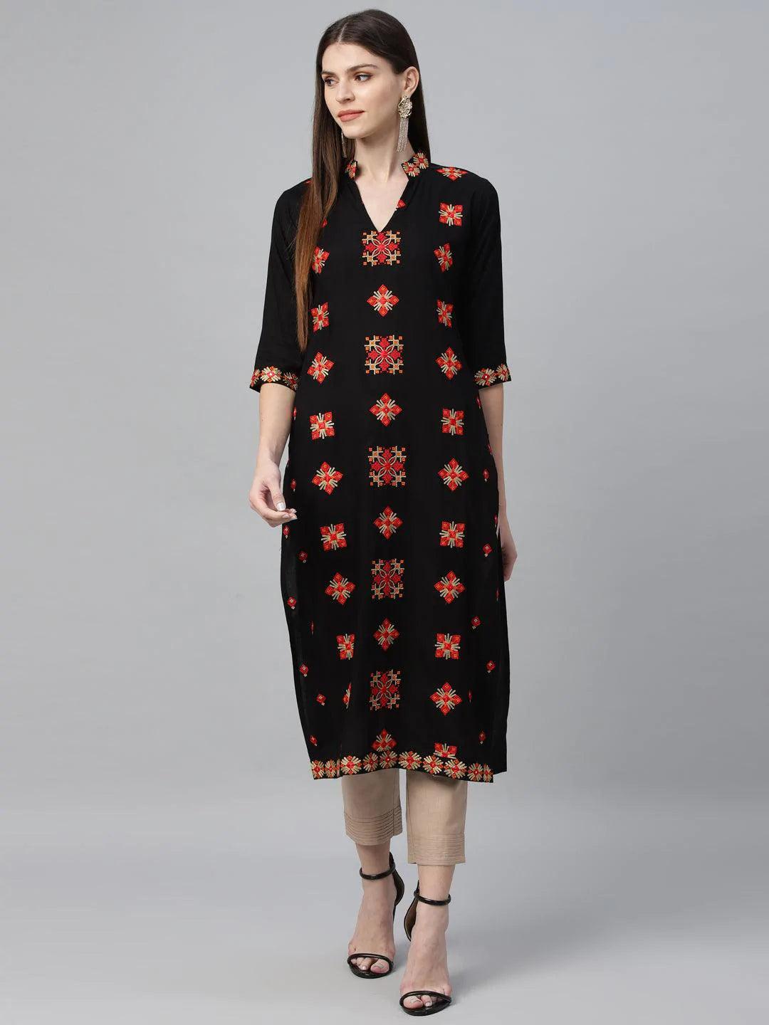 Black Embroidered Rayon Kurta