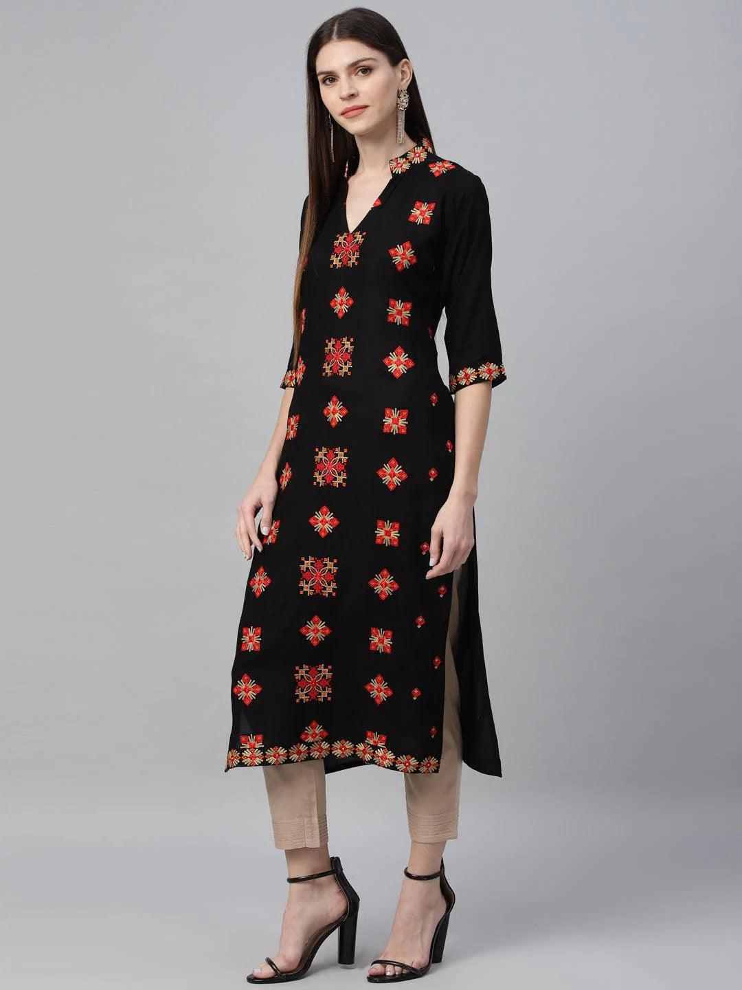 Black Embroidered Rayon Kurta