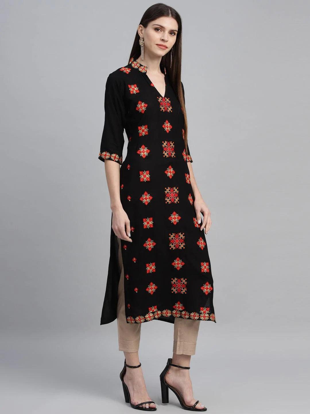 Black Embroidered Rayon Kurta