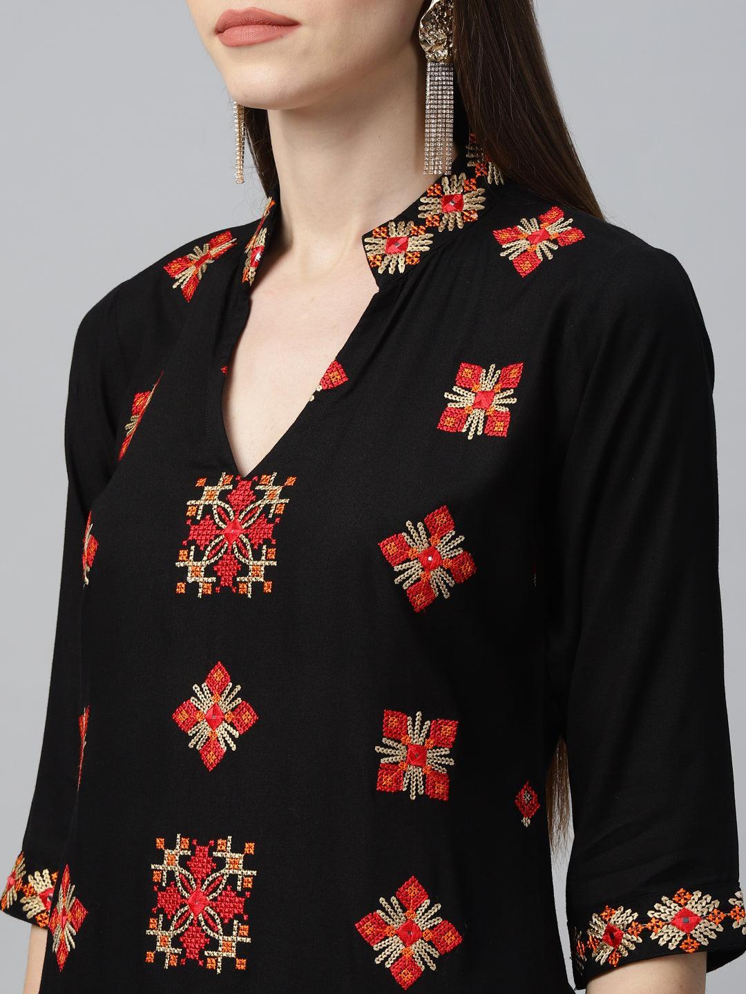 Black Embroidered Rayon Kurta