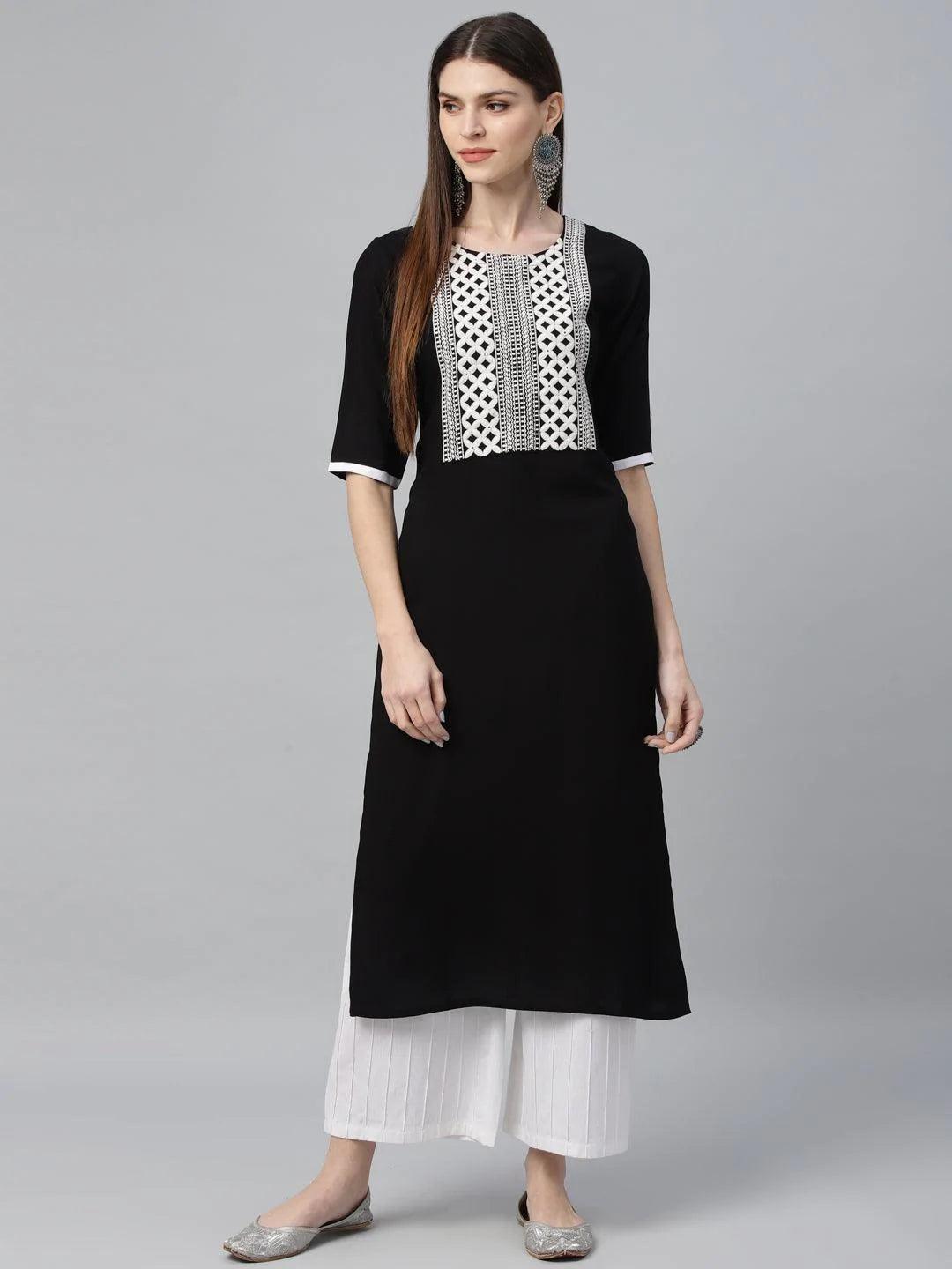 Black Embroidered Rayon Kurta