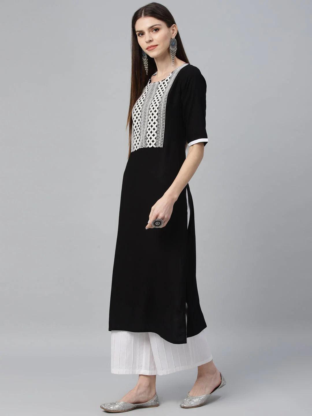 Black Embroidered Rayon Kurta