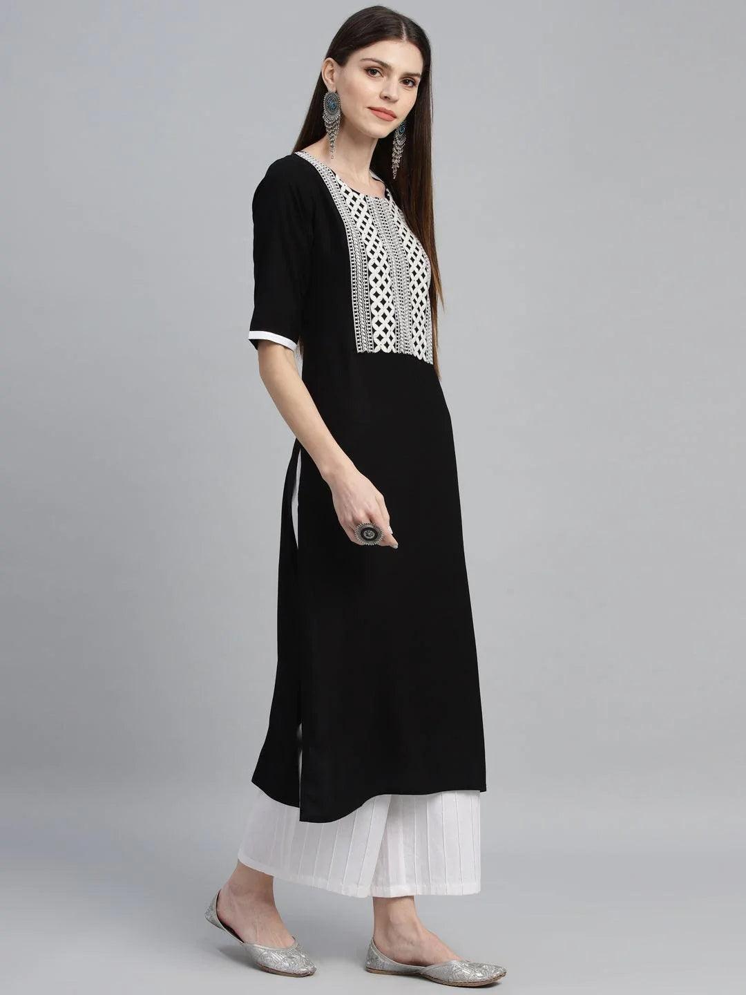 Black Embroidered Rayon Kurta