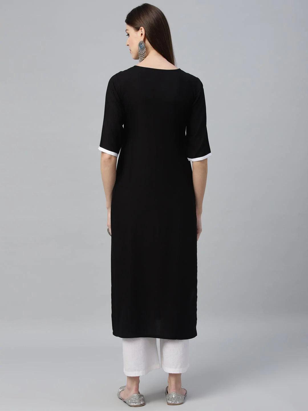 Black Embroidered Rayon Kurta