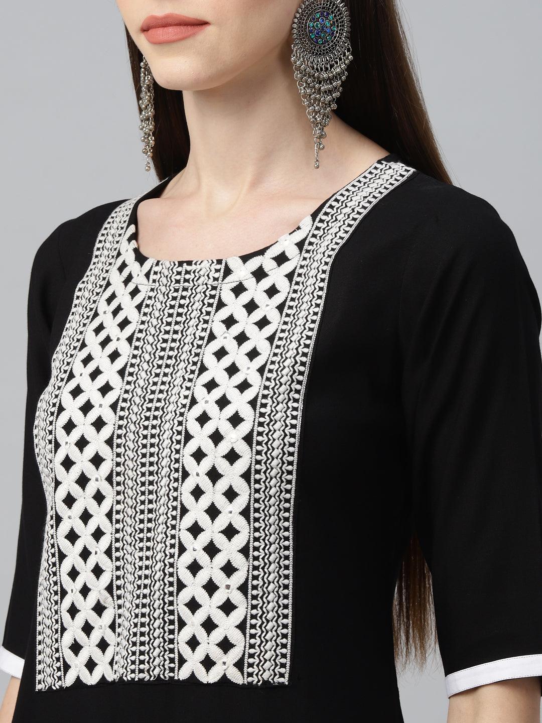 Black Embroidered Rayon Kurta