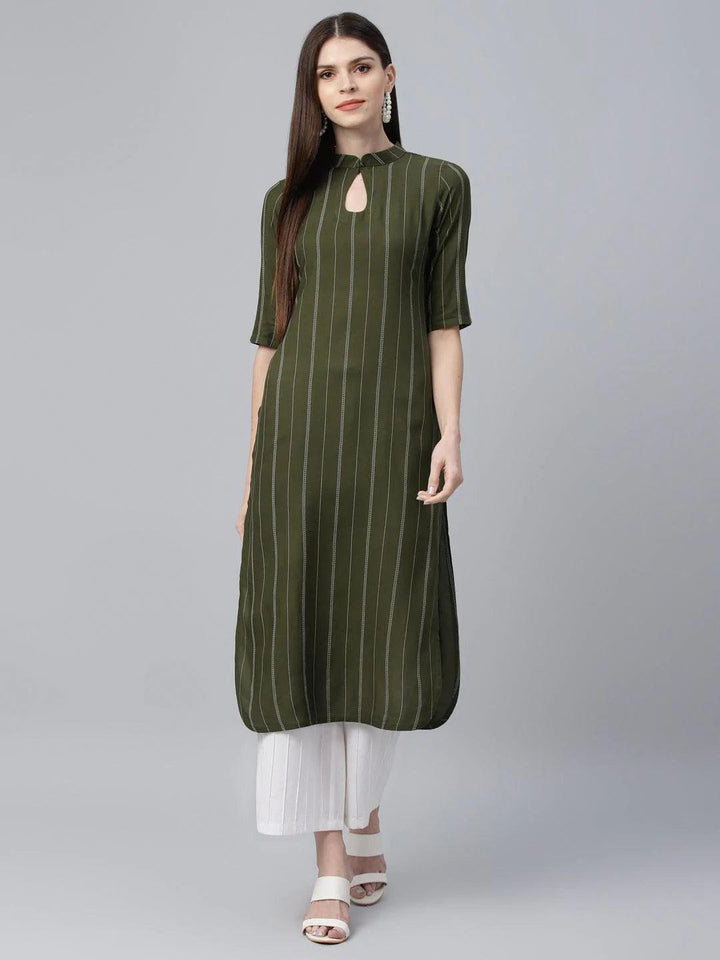 Green Striped Rayon Kurta - ShopLibas