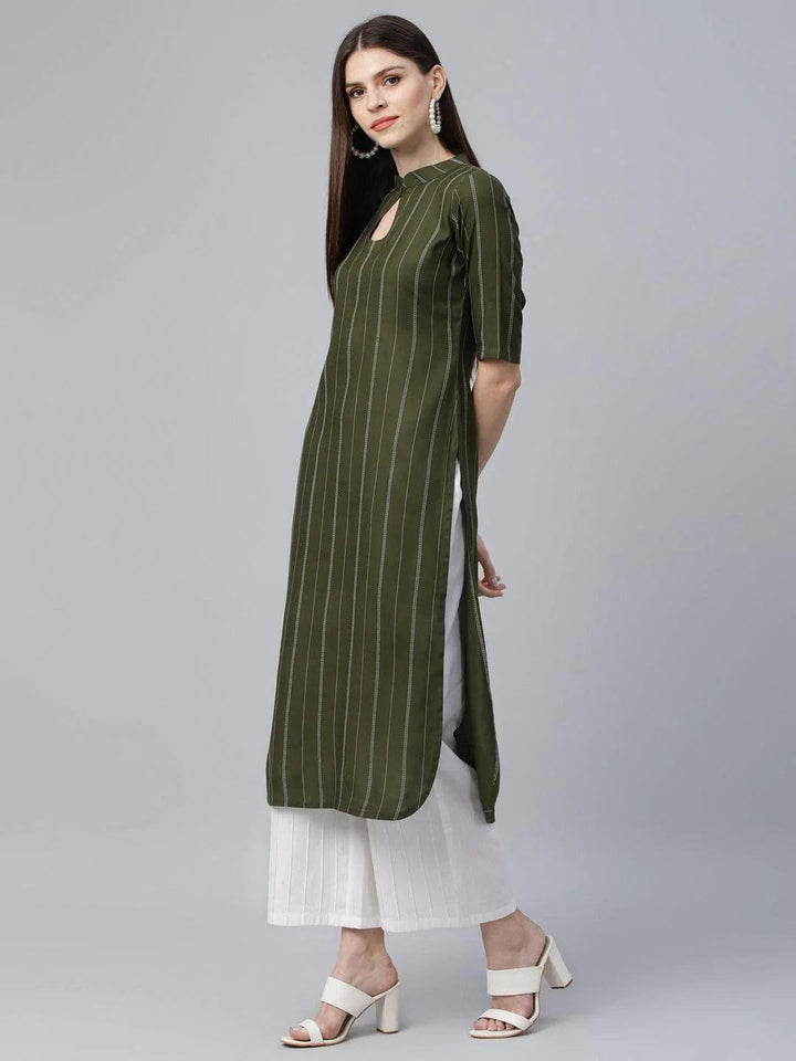 Green Striped Rayon Kurta - ShopLibas