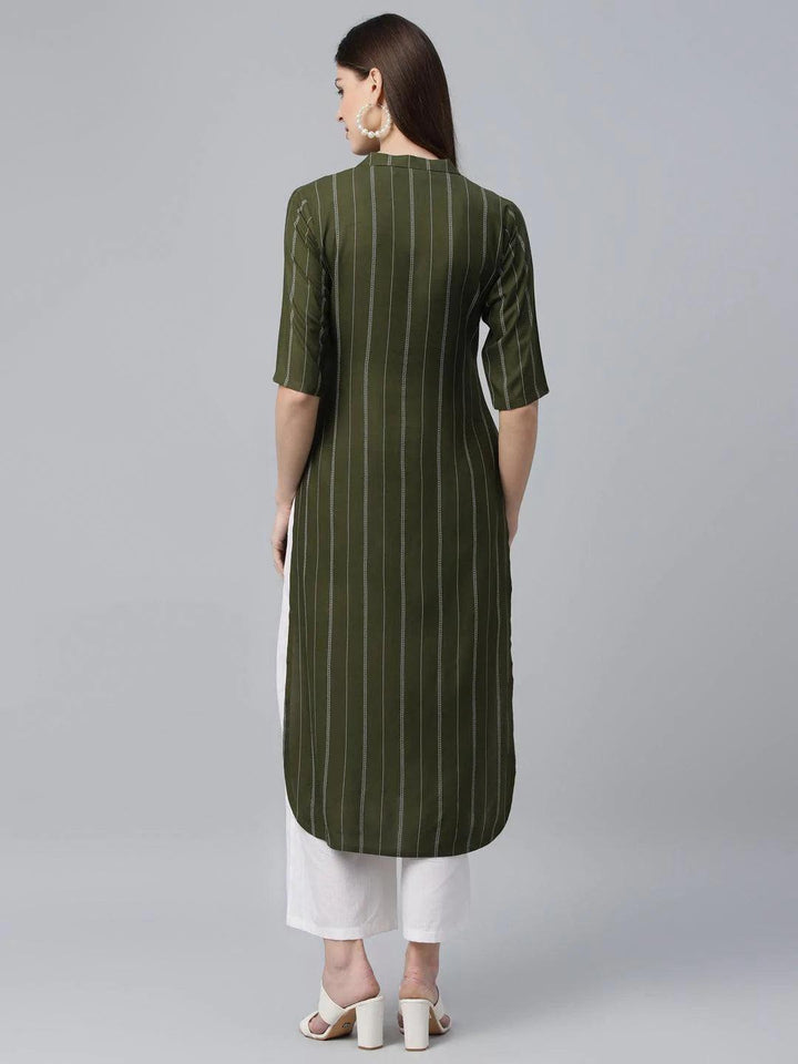 Green Striped Rayon Kurta - ShopLibas