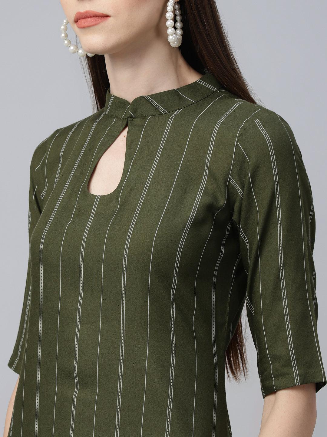 Green Striped Rayon Kurta - ShopLibas