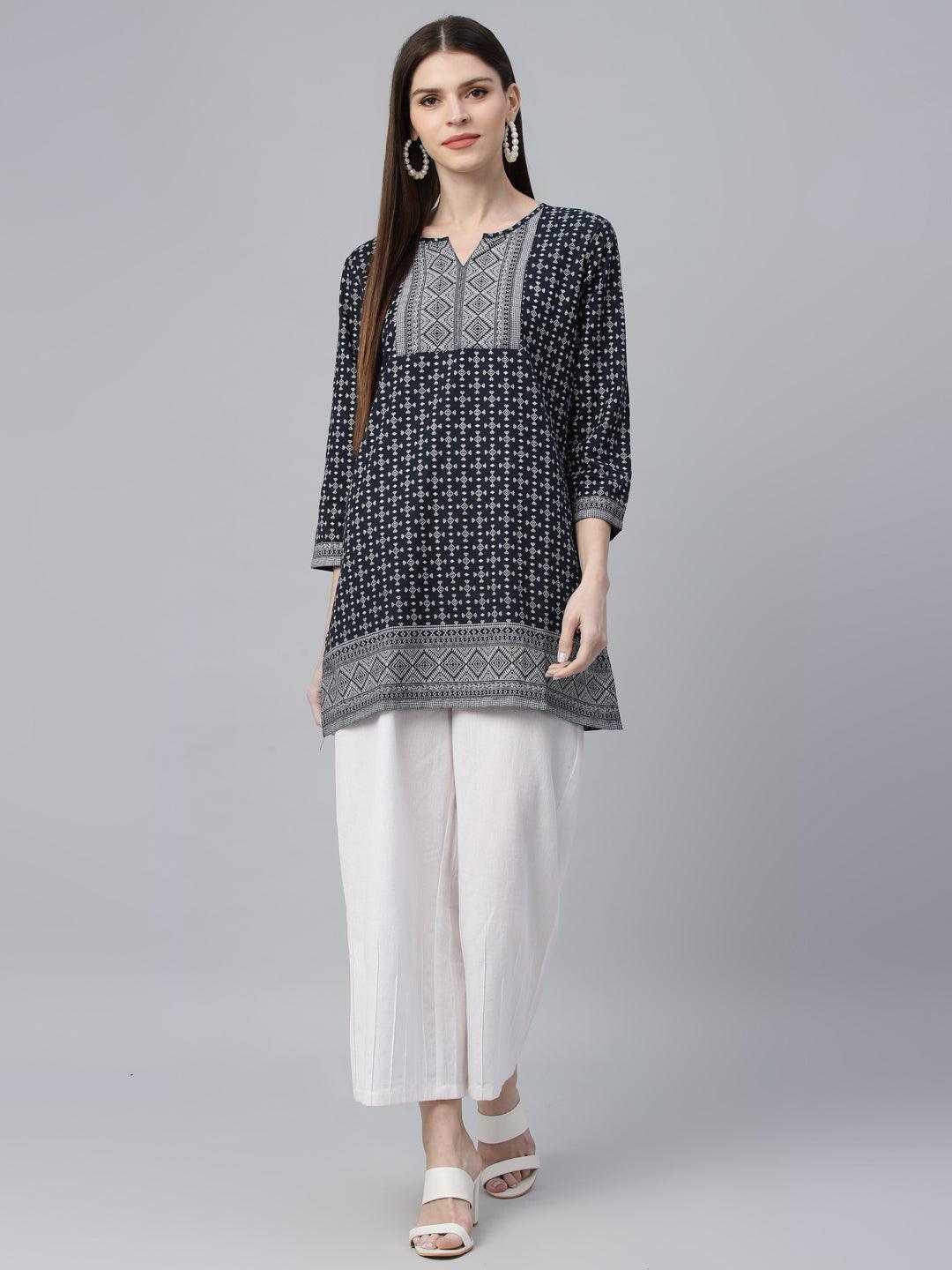 Navy Blue Printed Cotton Kurti - ShopLibas