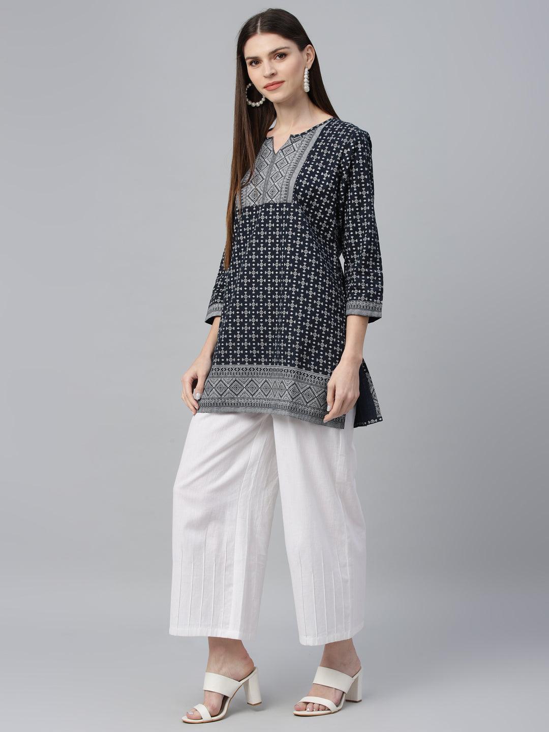 Navy Blue Printed Cotton Kurti