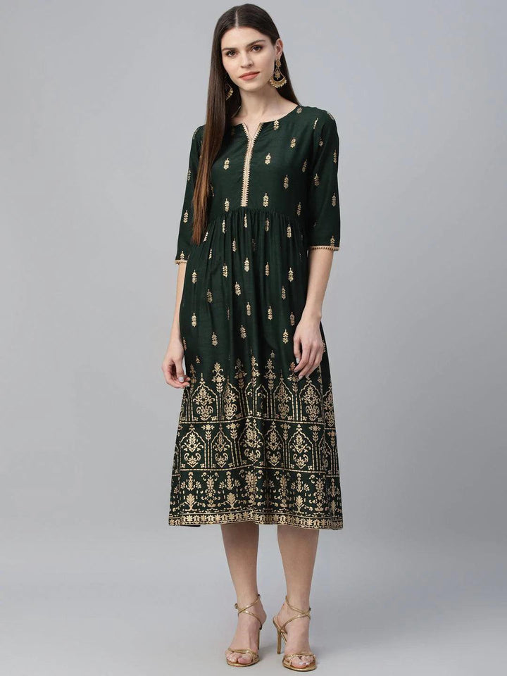 Green Printed Polyester Dress - ShopLibas