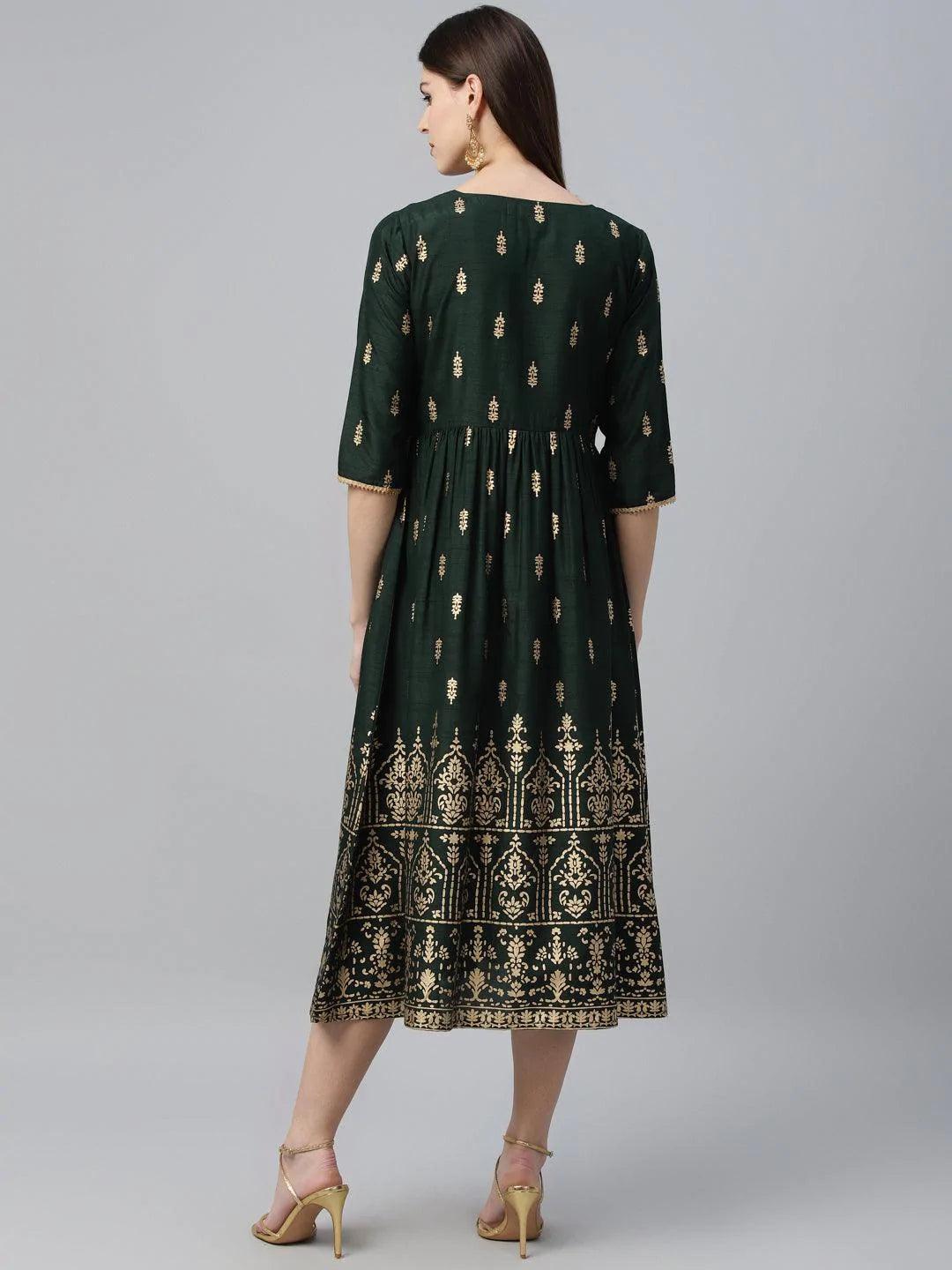 Green Printed Polyester Dress - ShopLibas