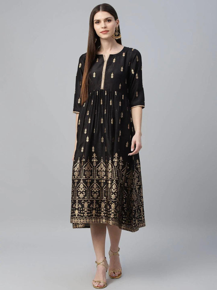 Black Printed Polyester Dress - ShopLibas