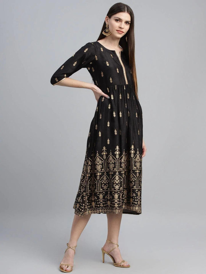 Black Printed Polyester Dress - ShopLibas