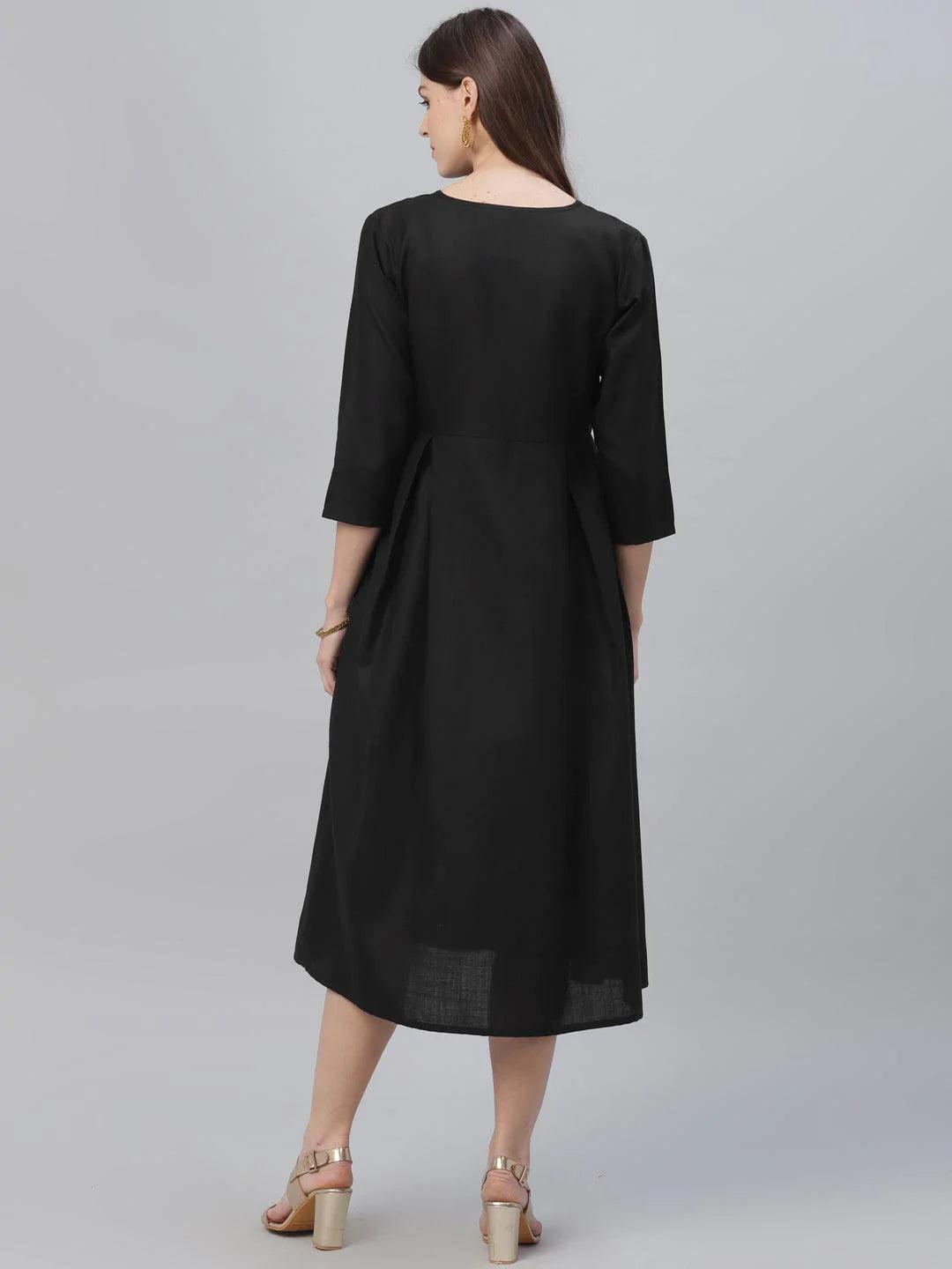 Black Solid Cotton Dress - ShopLibas