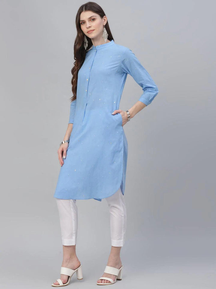 Blue Printed Cotton Kurta - ShopLibas