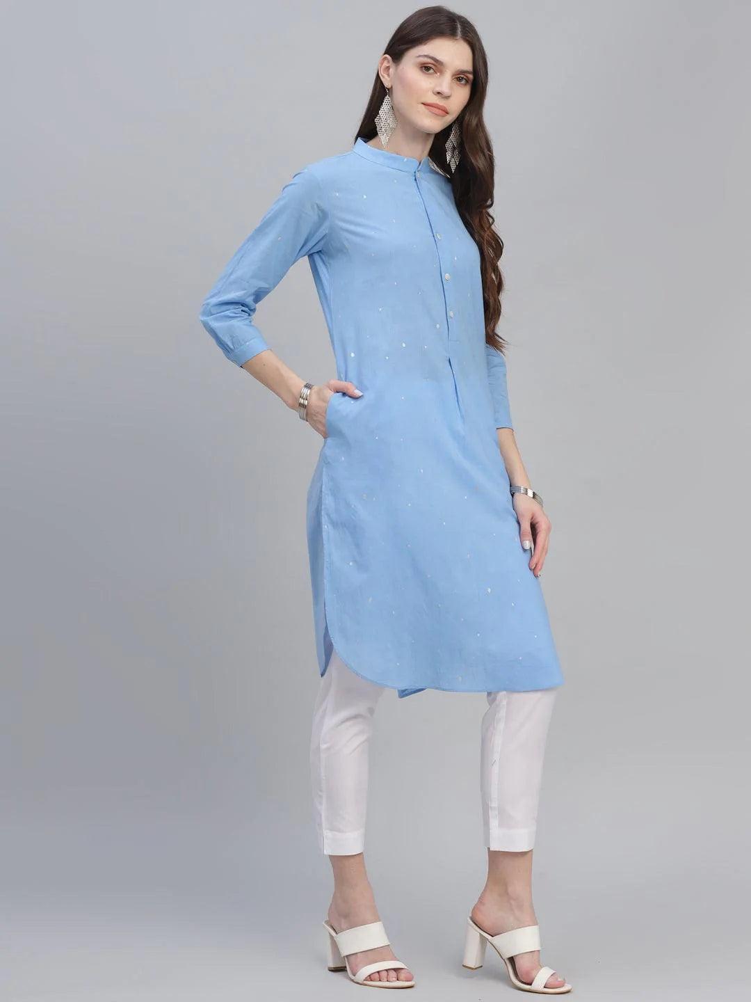 Blue Printed Cotton Kurta - ShopLibas