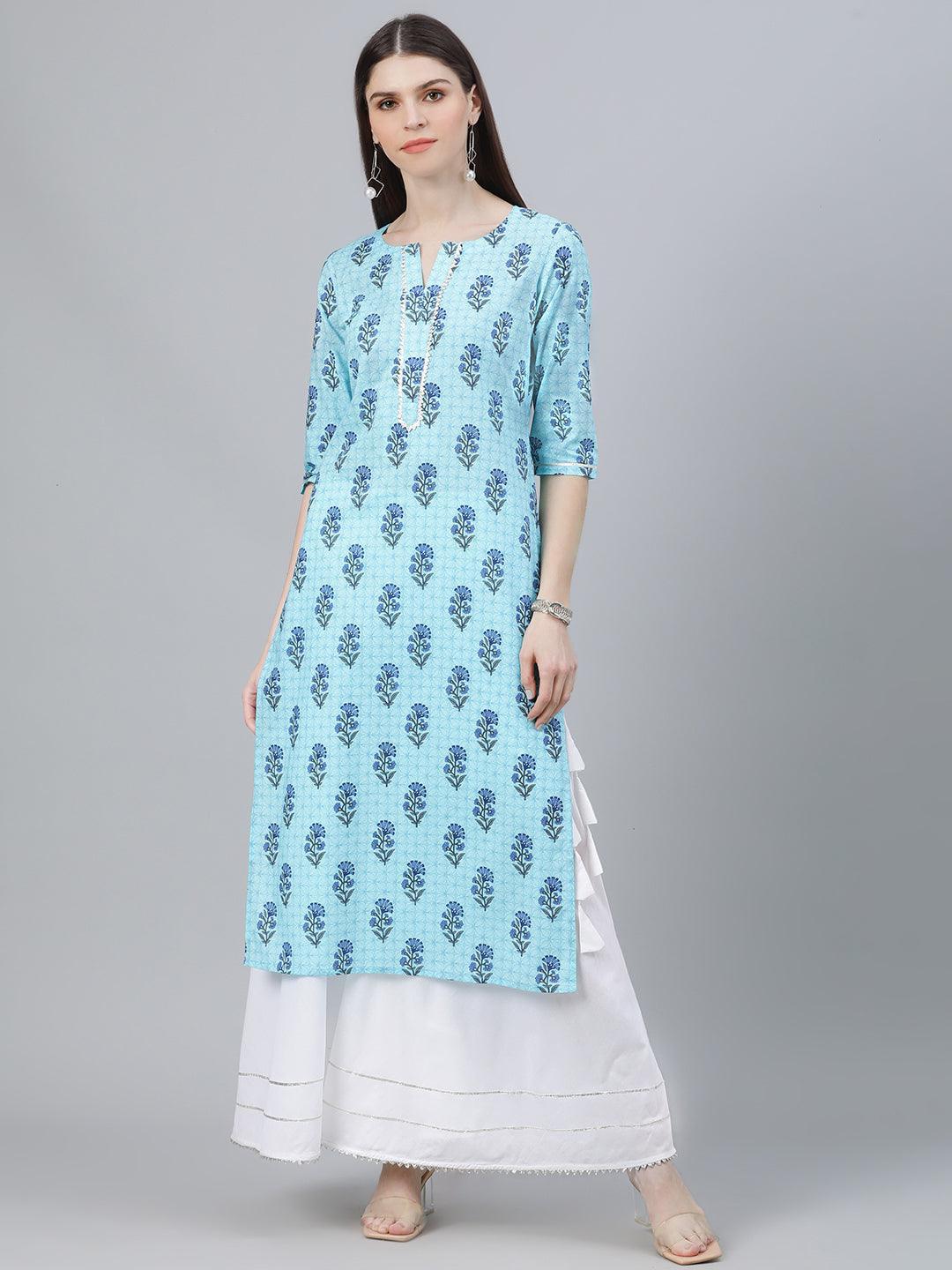 Blue Printed Cotton Kurta - ShopLibas