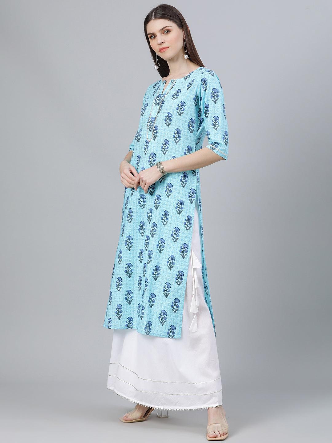 Blue Printed Cotton Kurta - ShopLibas