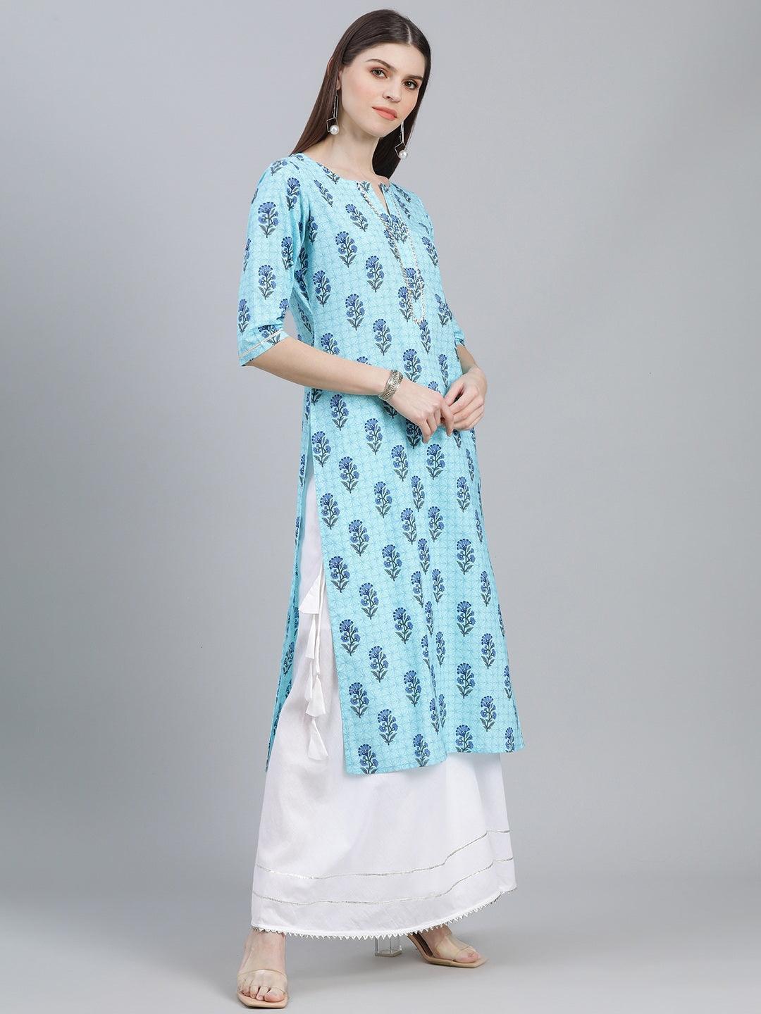 Blue Printed Cotton Kurta - ShopLibas