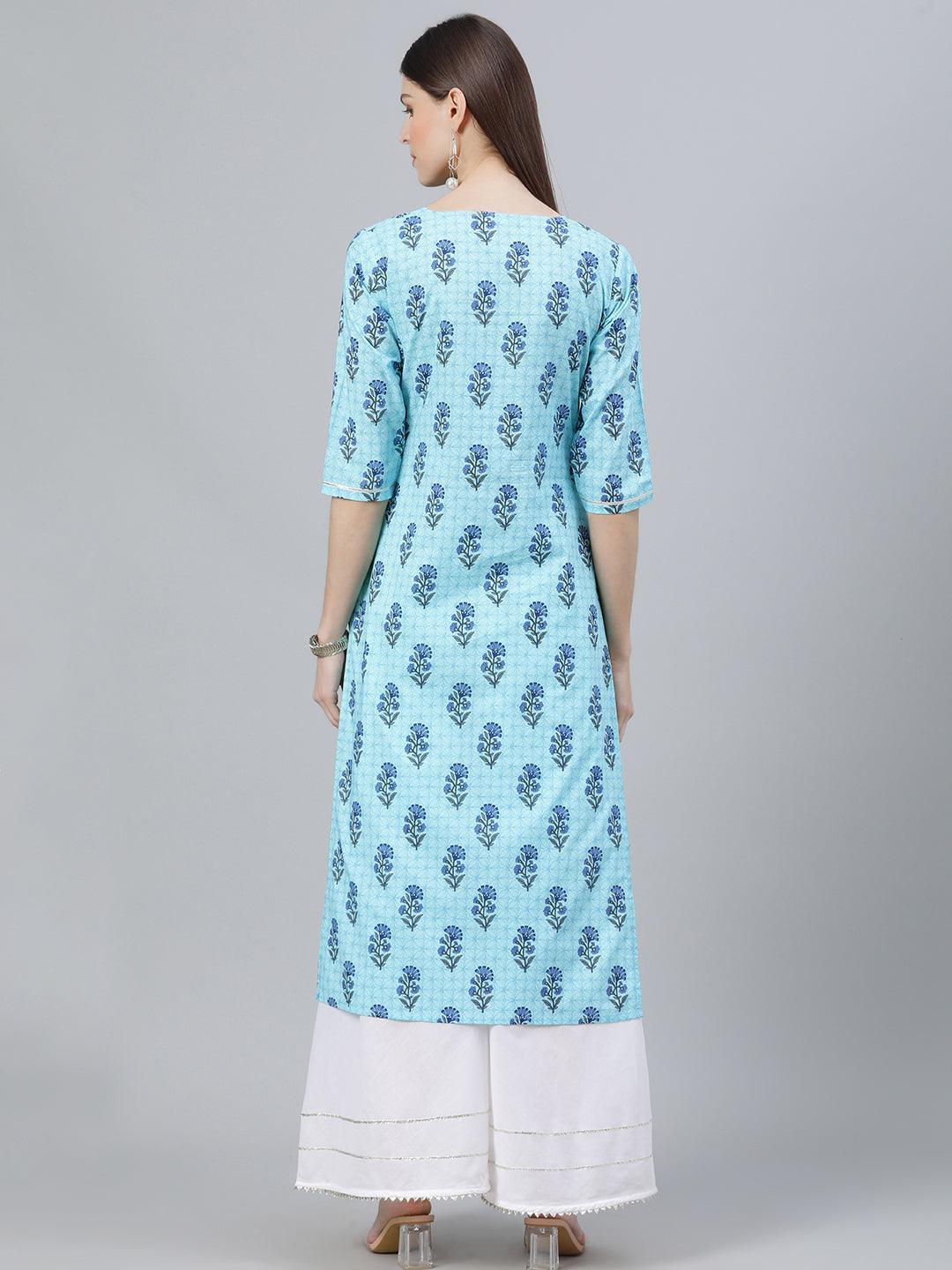 Blue Printed Cotton Kurta - ShopLibas