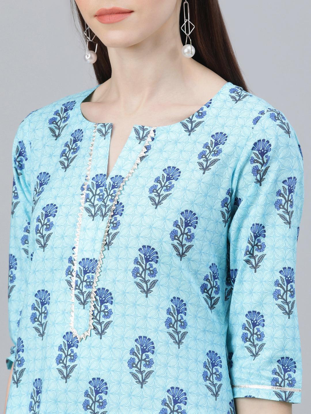 Blue Printed Cotton Kurta - ShopLibas