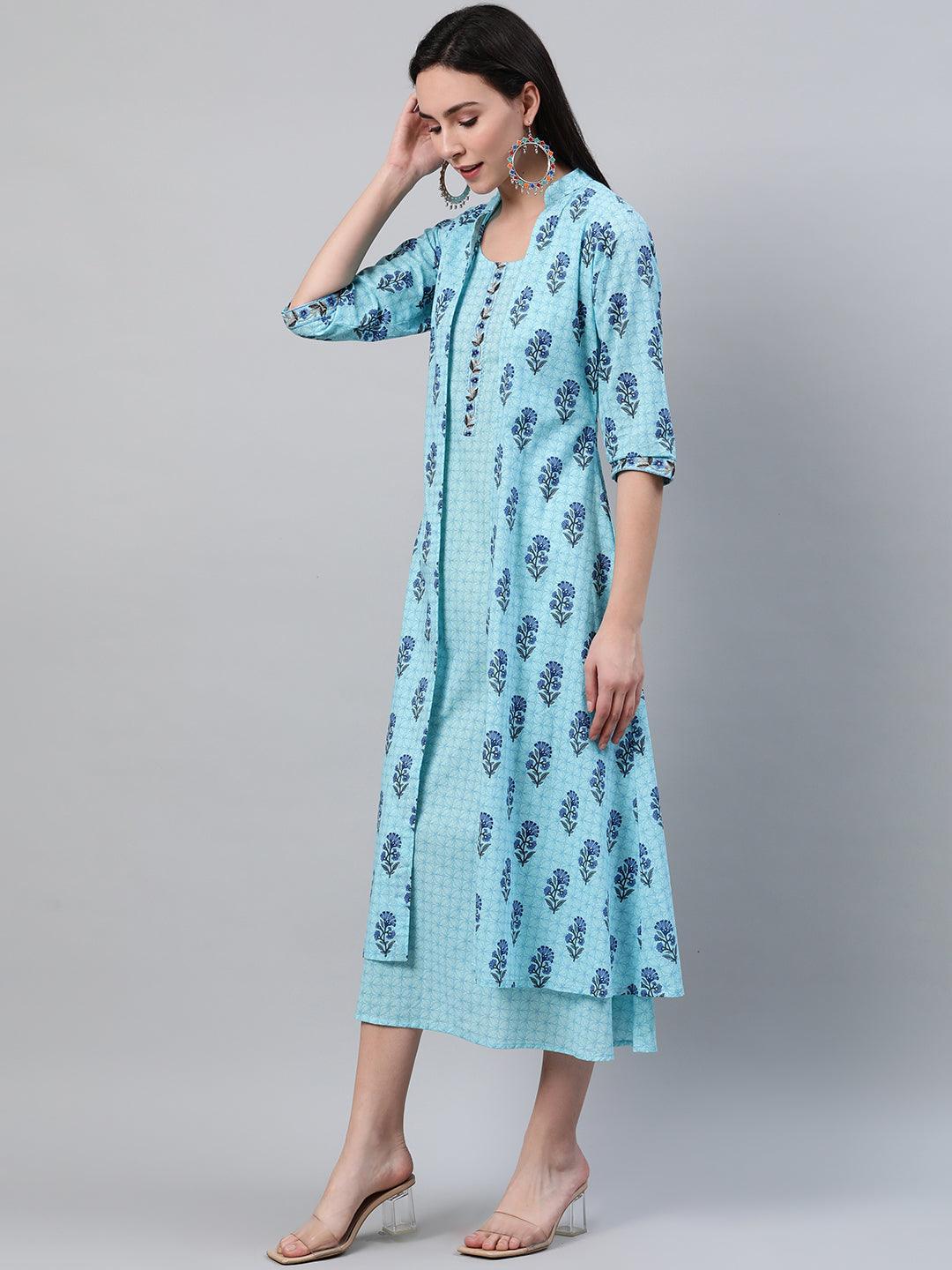 Blue Printed Cotton Dress With Jacket