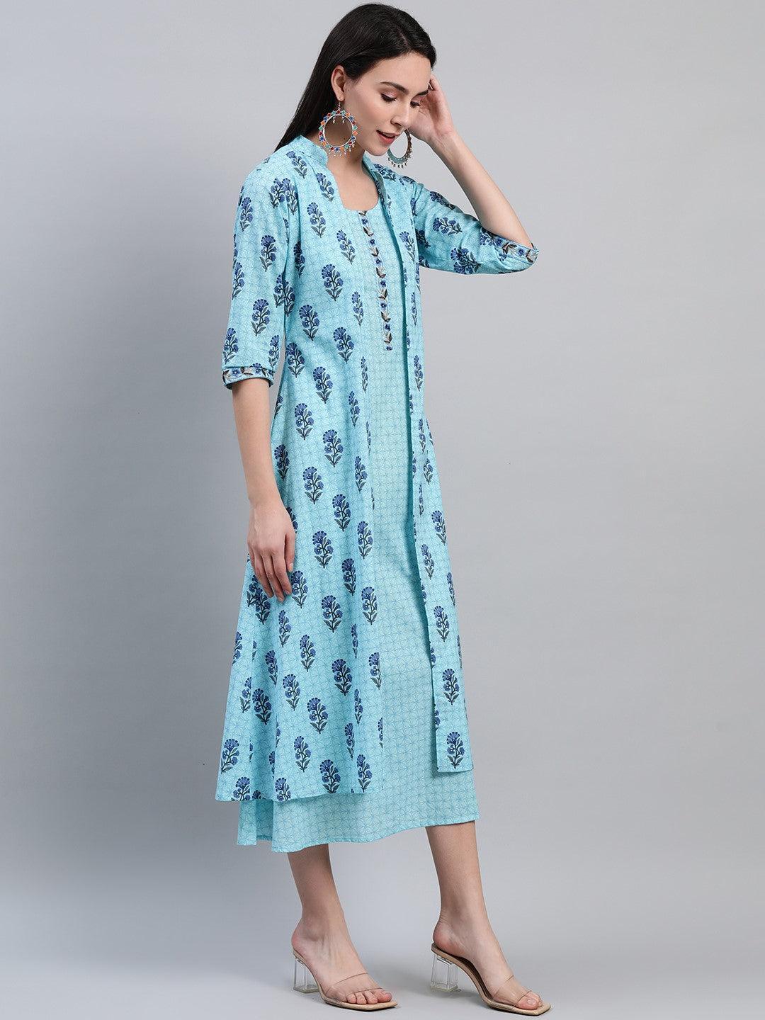 Blue Printed Cotton Dress With Jacket - ShopLibas