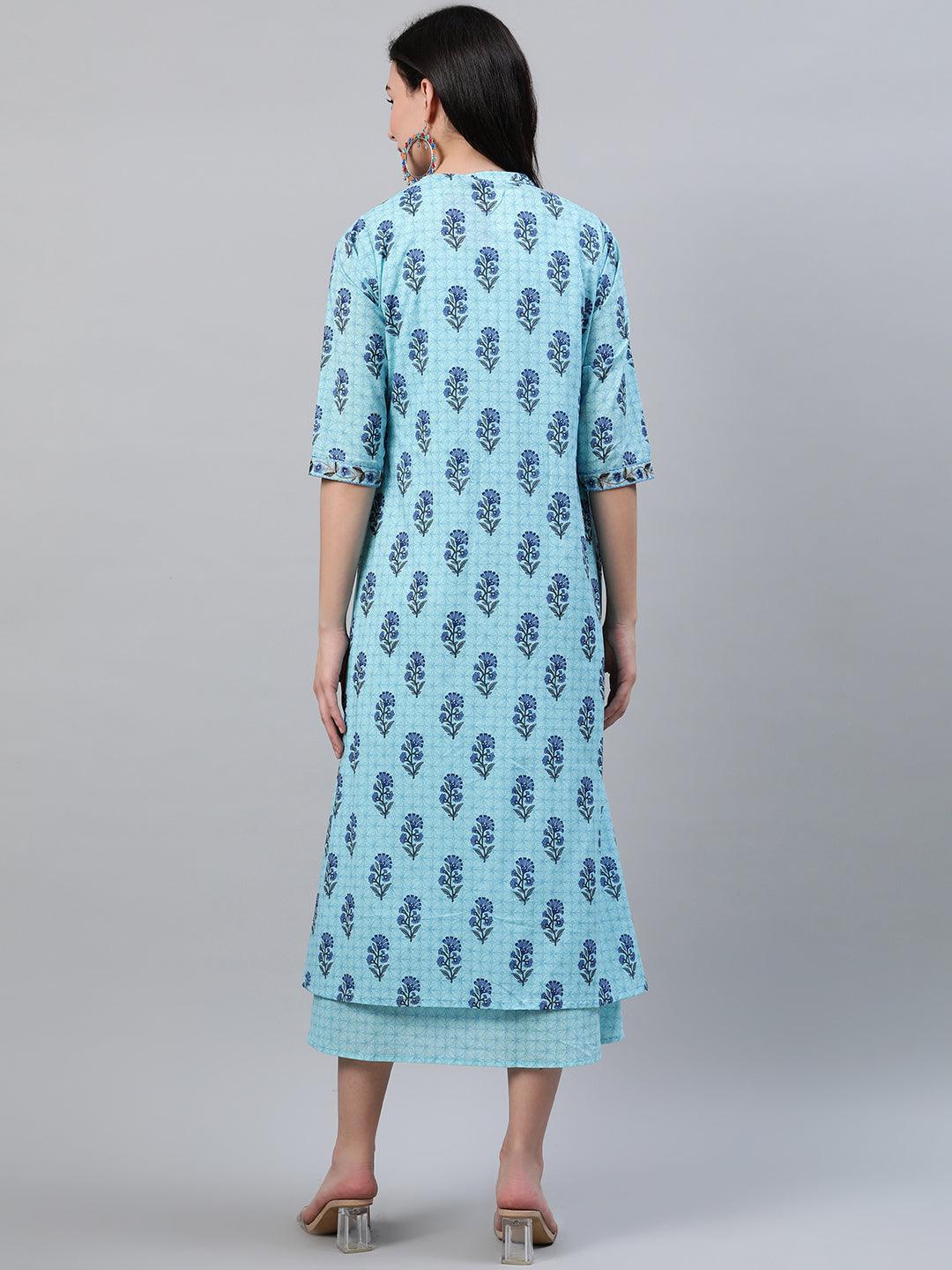 Blue Printed Cotton Dress With Jacket