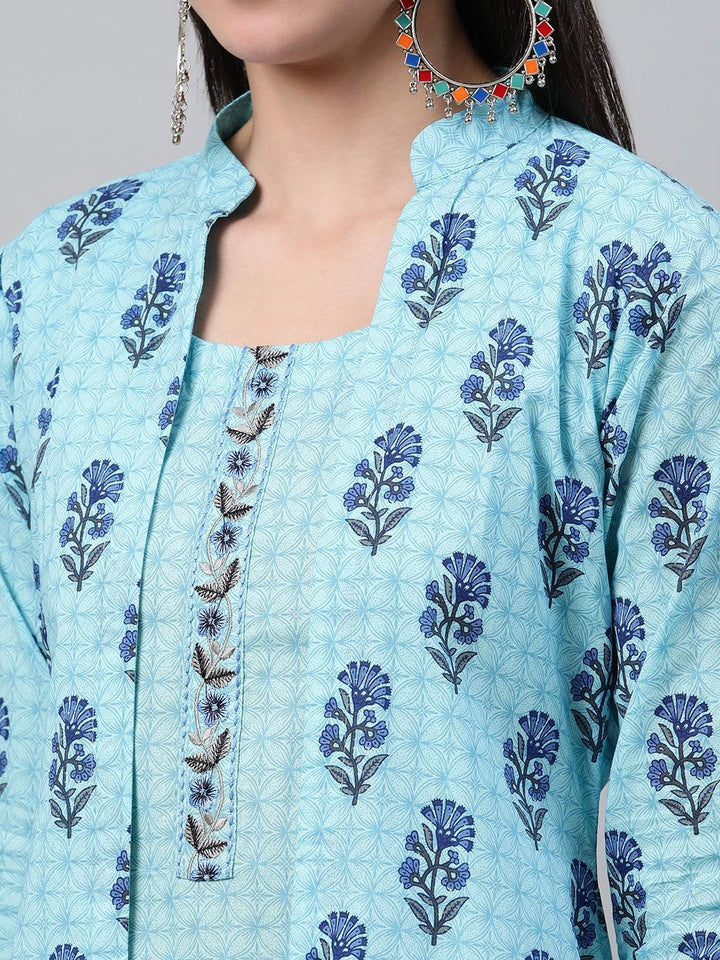 Blue Printed Cotton Dress With Jacket - ShopLibas