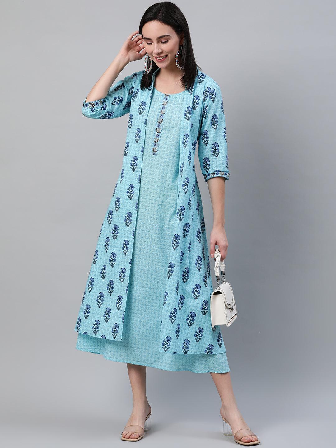 Blue Printed Cotton Dress With Jacket - ShopLibas