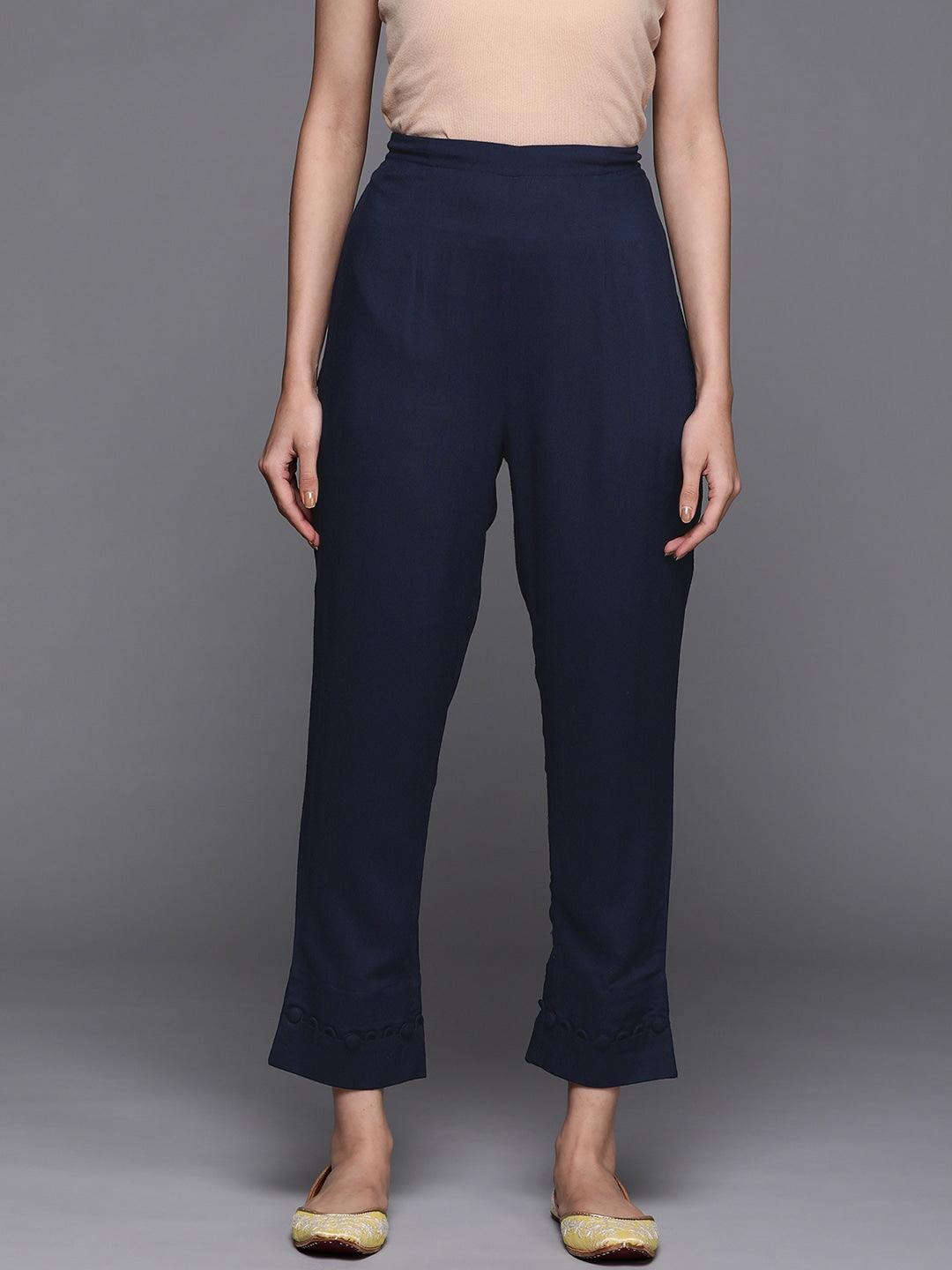 Blue Solid Rayon Trousers - ShopLibas