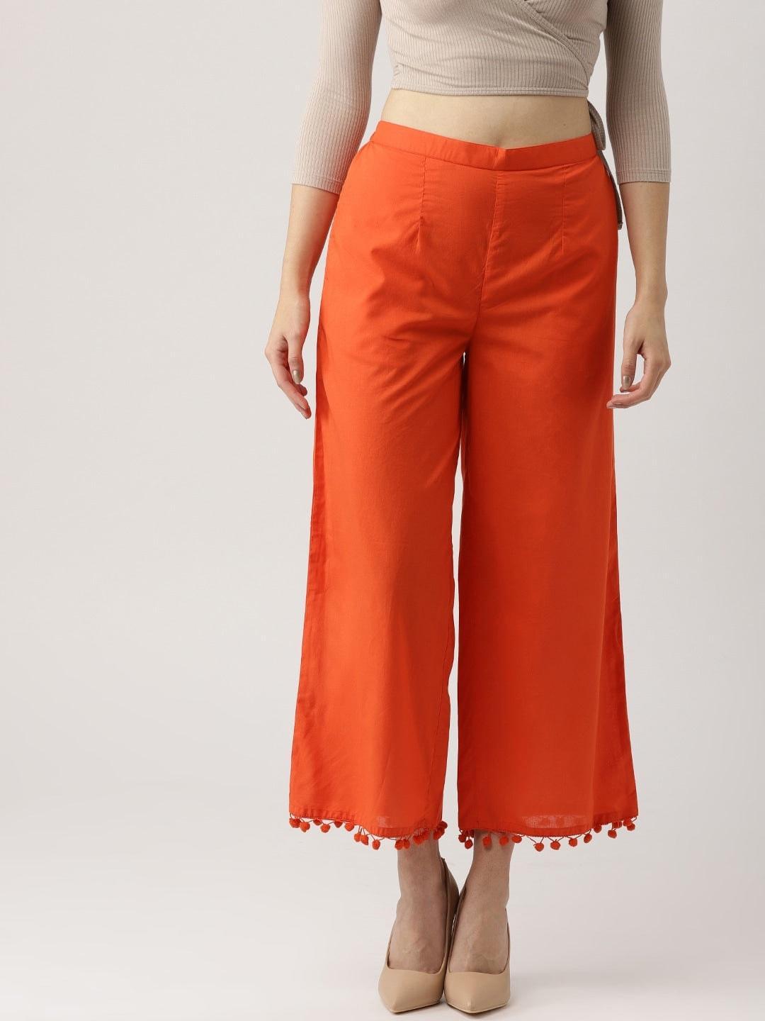 Orange Solid Cotton Palazzos - ShopLibas