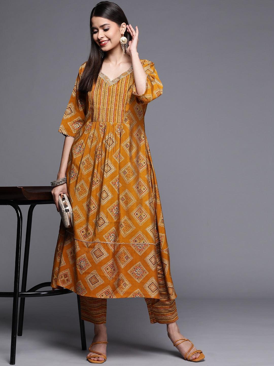 Yellow Printed Chanderi Silk Kurta - ShopLibas