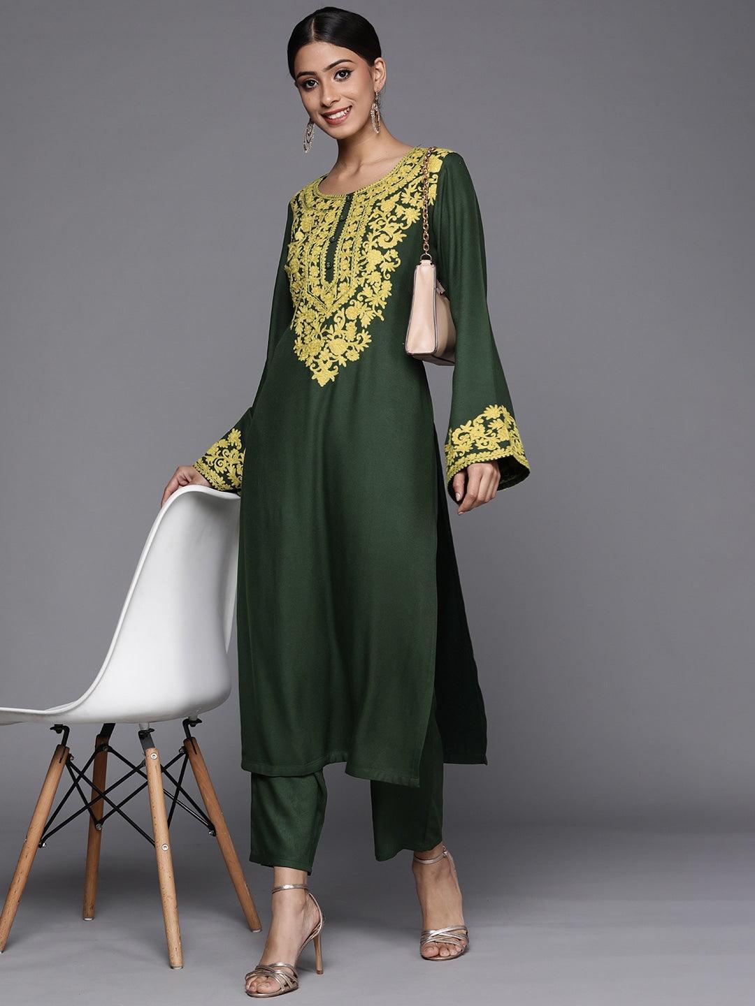 Green Printed Pashmina Wool Kurta