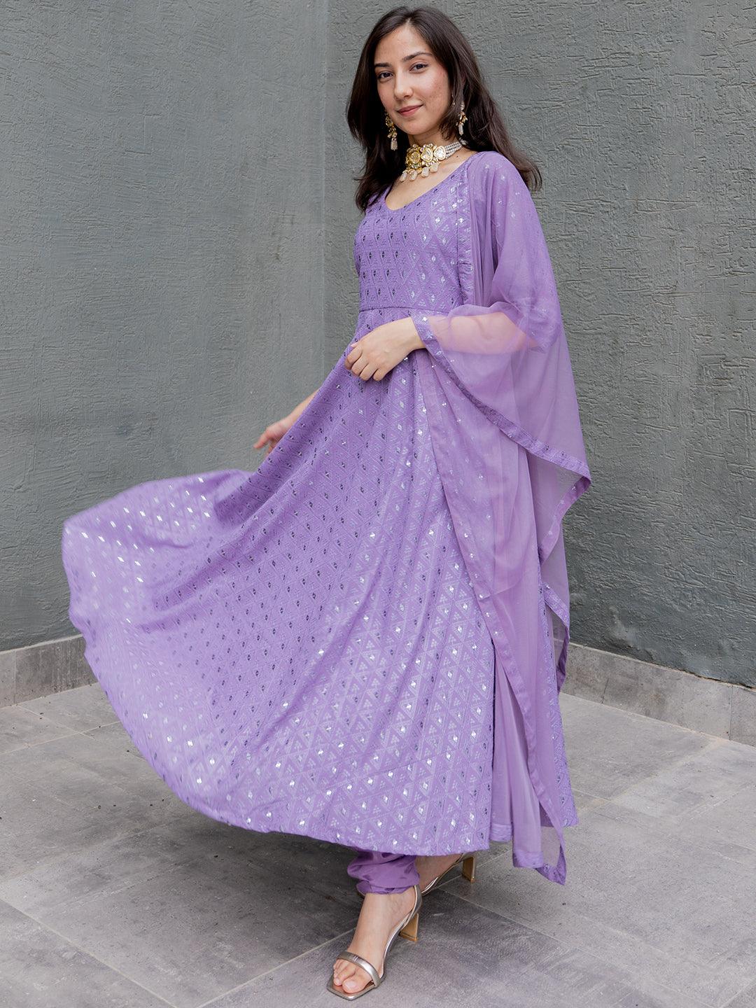 Lavender Embroidered Georgette Anarkali Kurta With Churidar & Dupatta