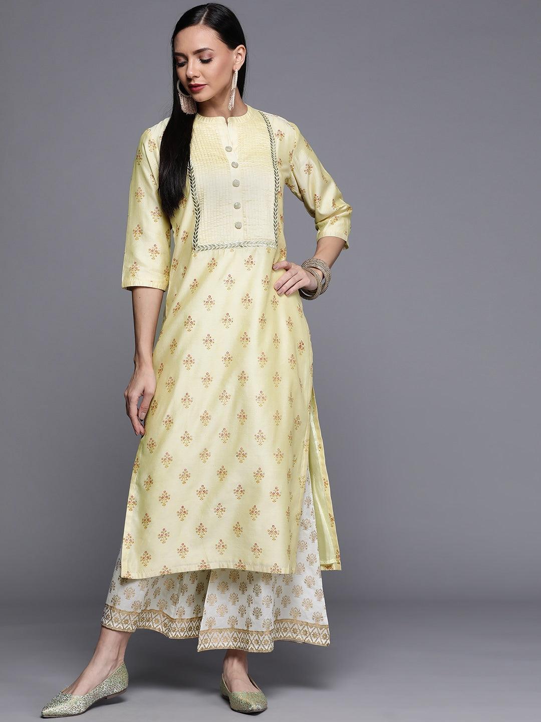 Yellow Printed Chanderi Silk Kurta