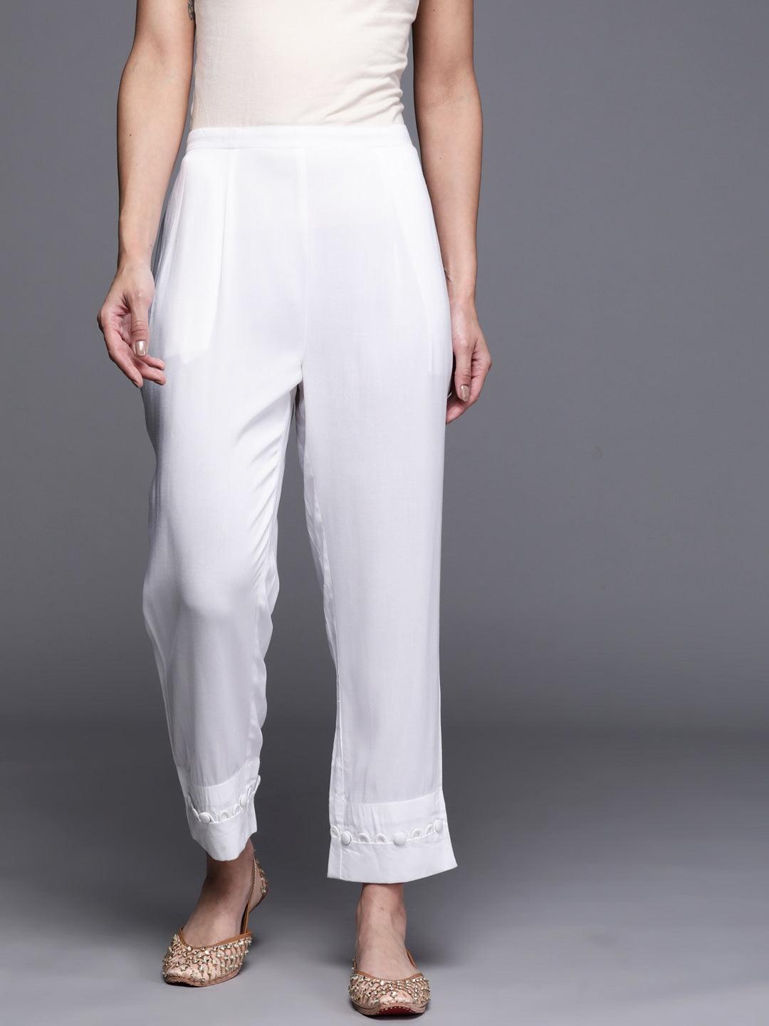 White Solid Rayon Trousers - ShopLibas