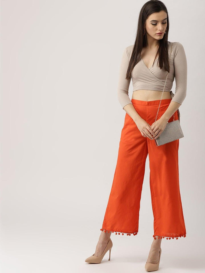 Orange Solid Cotton Palazzos - ShopLibas