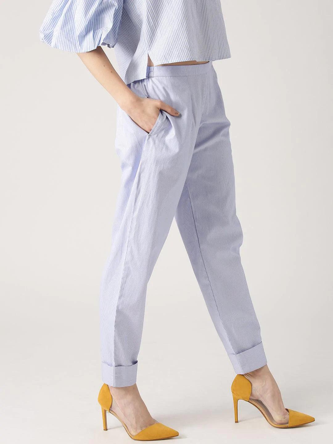 Blue Striped Polyester Trousers - ShopLibas