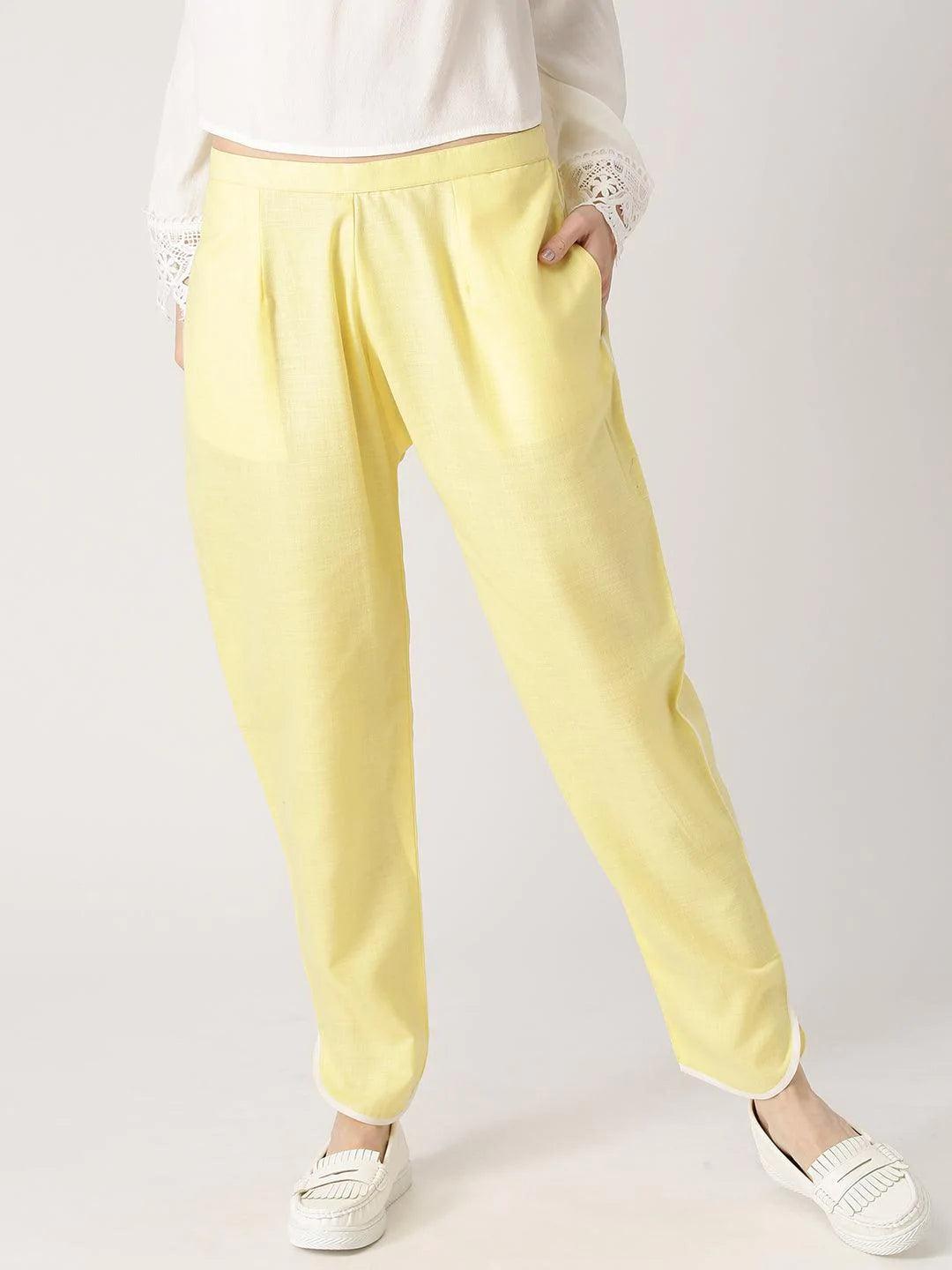 Yellow Solid Cotton Trousers - ShopLibas