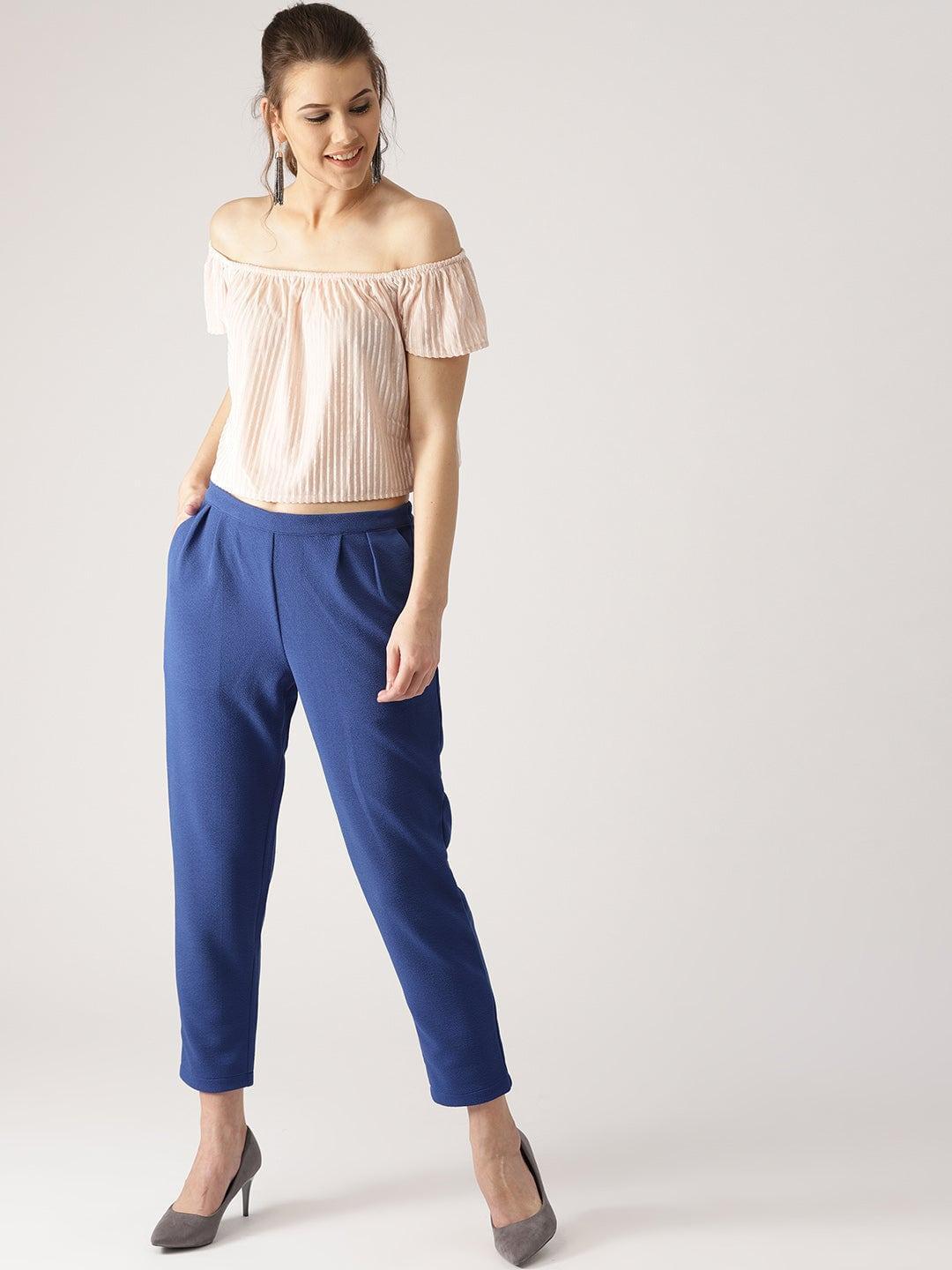 Blue Solid Polyester Trousers - ShopLibas