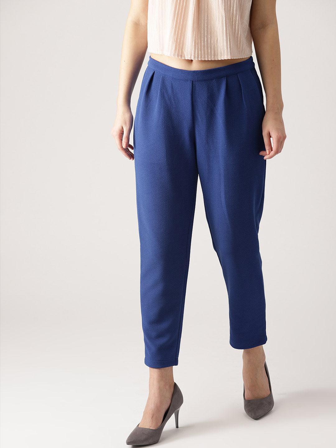 Blue Solid Polyester Trousers - ShopLibas